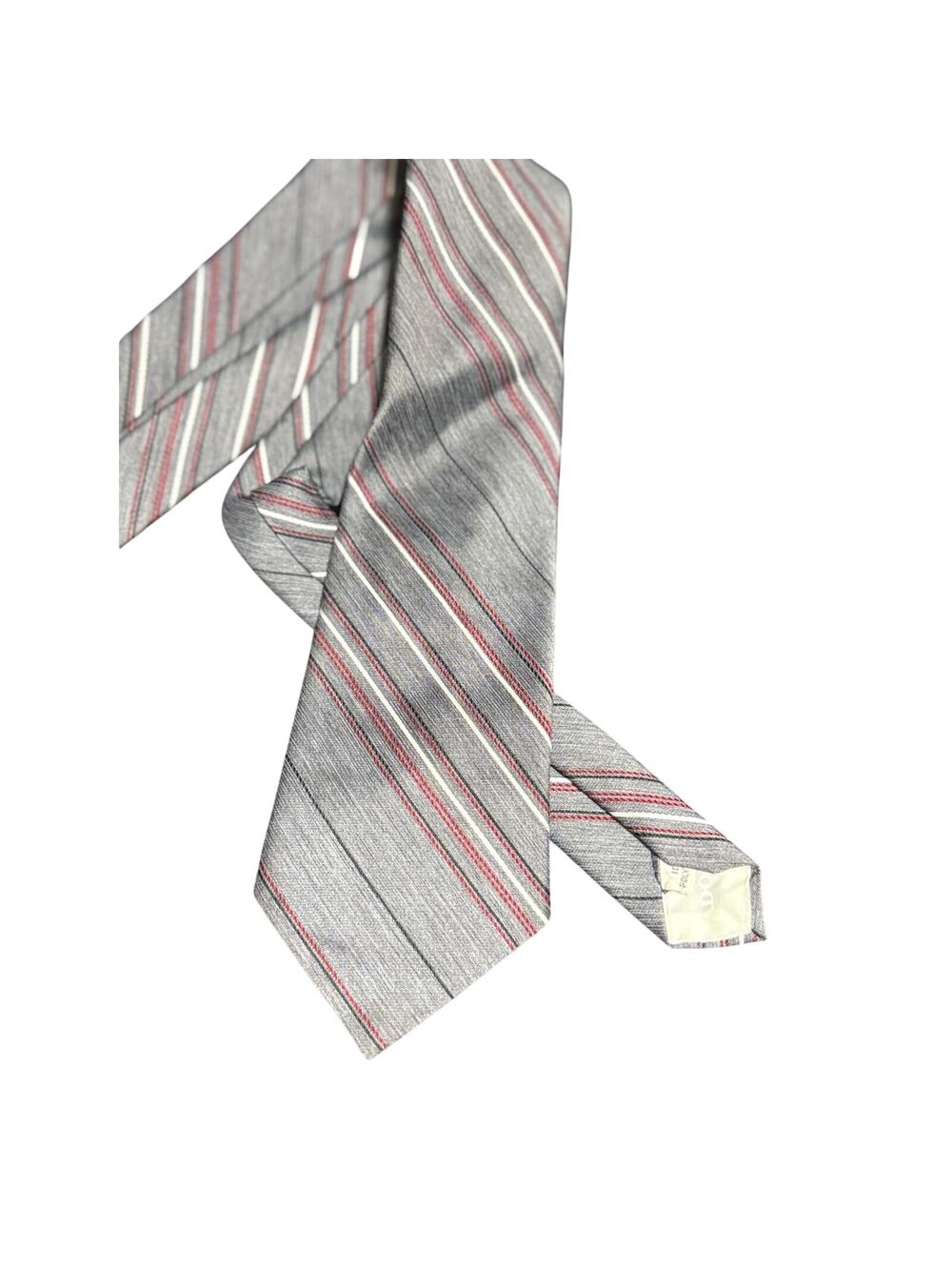 Vintage Adolfo Men's Gray and Red Striped Necktie
